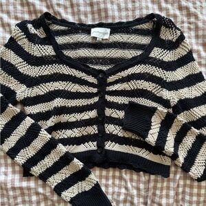 Striped Black & Cream Cropped Knit Cardigan - Unknown Brand